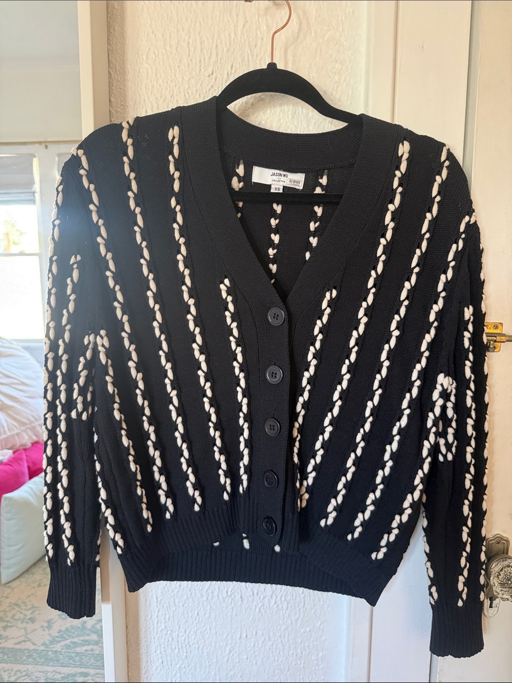Jason Wu Black Cardigan with Cream Braided Stripe Accents